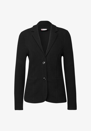 Černý blejzer s texturovanou tkaninou, uzávěr na single-button, klopové límce a dvě přední kapsy. Přizpůsobený střih s dlouhými rukávy.