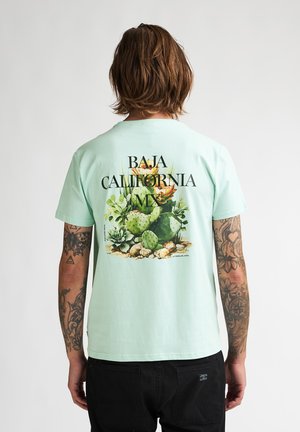 Muntgroen T-shirt met een afbeelding van een cactus en vetplant op de achterkant, met de tekst "BAJA CALIFORNIA MX" in dikke zwarte letters.