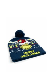 Cappello a maglia blu navy con un personaggio verde che indossa un cappello di Babbo Natale, la scritta "MERRY GRINCHMAS" in giallo e un soffice pom-pom sulla sommità.