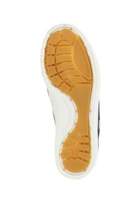 Suola della scarpa con una superficie in gomma testurizzata in una combinazione di colori marrone e bianco. Brand visibile sulla suola.