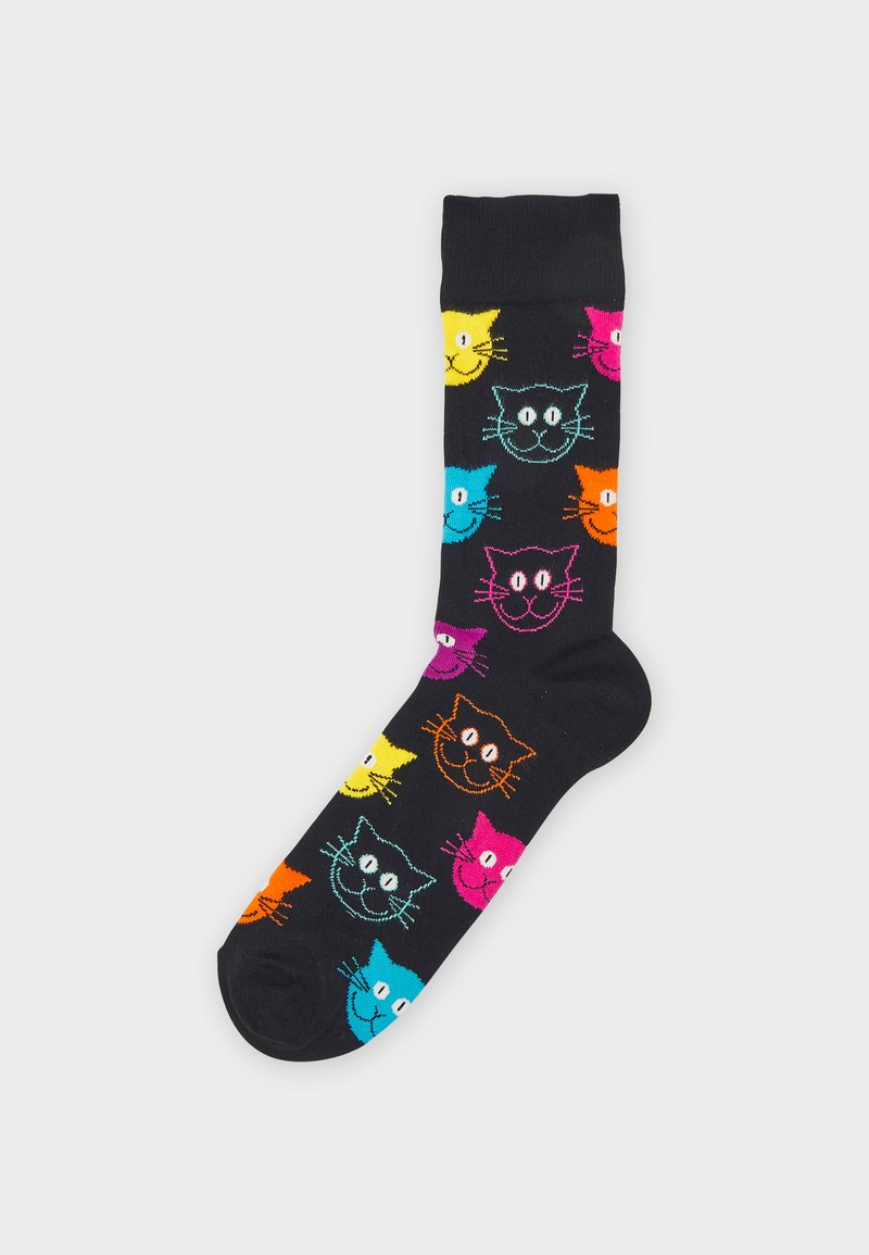 Black socks featuring colorful cat faces in yellow, blue, pink, orange, and turquoise; made from a soft fabric with a regular shape.