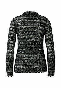 Schwarzes Spitzenoberteil mit langen Ärmeln, das ein Blumendesign, einen gewellten Saum und einen hohen Ausschnitt mit einer taillierten Silhouette aufweist.