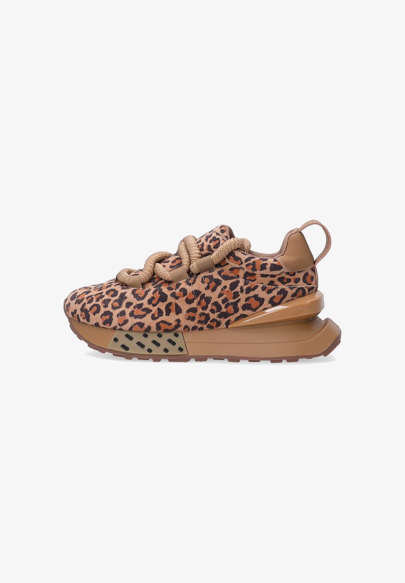 Leopard print sneakers with brown accents, textured fabric, thick laces, and a chunky sole featuring a patterned section for grip.