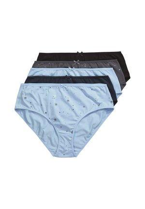 Five pairs of women's brief underwear in a row, colors include light blue with star patterns, navy blue, gray with stars, and black, each with a small front bow.