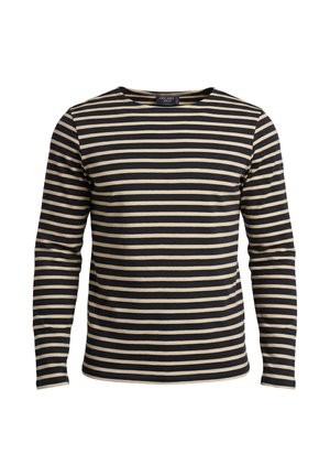 Maglia a maniche lunghe con collo tondo e righe orizzontali nere e beige, mostrata su sfondo bianco.