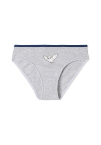 Graue Baumwollunterwäsche mit einem marineblauen Bund, die vorne ein weißes Eulendesign aufgedruckt hat. Glatte Textur mit elastischen Kanten.