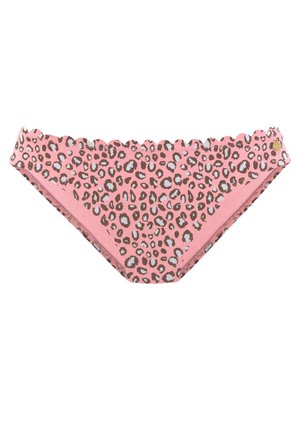 Roze bikini onderkant met een golvende rand, voorzien van een luipaardprint in bruin en wit, gemaakt van een gladde, rekbare stof.