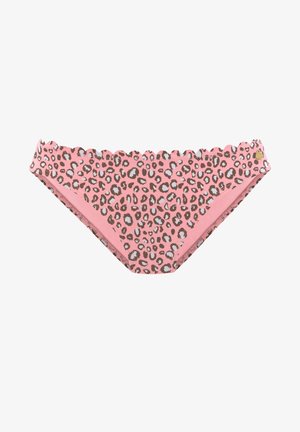 Ružová spodná časť bikín so zúbkovaným okrajom, so vzorom leopardích škvŕn v hnedej a bielej farbe, vyrobená z hladkej, elastickej látky.
