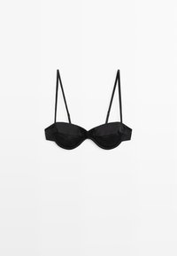 Soutien-gorge noir en satin avec armatures et fines bretelles réglables, posé à plat sur fond blanc.