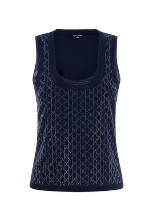 Top smanicato blu navy con scollo a U e motivo geometrico a puntini argentati su tutta la parte anteriore.
