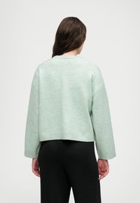 Pull court vert clair, en tissu doux, avec un col rond et des épaules tombantes, associé à un pantalon noir. Design simple sans motifs.