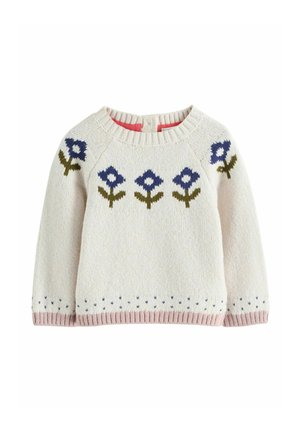 Gestrickter cremefarbener Pullover mit floralen Mustern in Blau und Grün. Gerippter rosa Saum und Bündchen, mit rundem Ausschnitt und Knopfverschluss an der Rückseite.