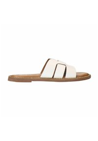 White flat slide sandal with dual straps and brown accents. Features a tan sole and a stitched detail along the edge. Smooth texture.