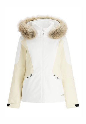 Veste de ski blanche et crème avec une capuche en fourrure, fermeture éclair, poches latérales et manches accentuées. Fabriquée en matériau résistant aux intempéries.