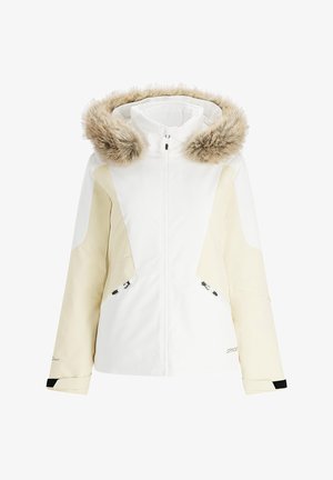 Veste de ski blanche et crème avec une capuche en fourrure, fermeture éclair, poches latérales et manches accentuées. Fabriquée en matériau résistant aux intempéries.