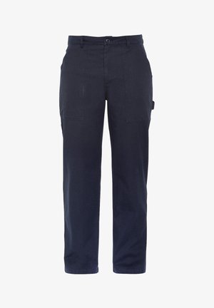 Pantalon bleu marine à jambes droites avec poches plaquées à l'avant, fermeture par boutons et passants pour ceinture.