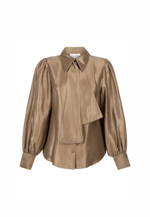 Bruine satijnen blouse met een kraag, geplooide mouwen en een voorkant met een drape. Heeft een knoopsluiting en manchetmanchetten. Soepele textuur.