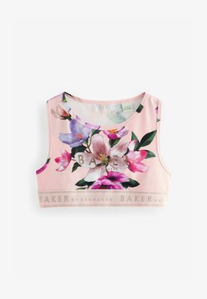 Kukkapaita, jossa on vaaleanpunainen tausta, ja suuria purppuran- ja valkotelisiä kukkia. Metallinen logo-nauha alaosassa kullansävyisenä. Pehmeä kangas.