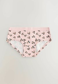 Pantaloni boxer di cotone rosa con stampa leopardata marrone e nera, cintura elastica con "NEXT" in rilievo, e bordi lisci.