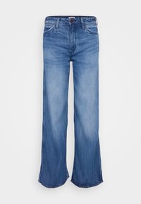 Blue high-waisted jeans with a wide-leg fit, slight fading on thighs, standard five-pocket design, and button closure at the waist.