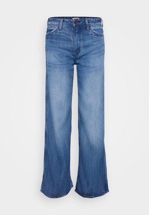 Blauwe jeans met hoge taille en wijde pijpen, lichte vervaging op de dijen, standaard ontwerp met vijf zakken en knoopsluiting in de taille.