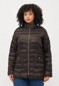 Brown puffer jacket with a high collar, zip front, and two front pockets featuring gold accents. Smooth, shiny fabric with quilted design.