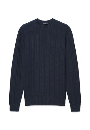 Marineblauer, gerippter Pullover aus strukturiertem Strickstoff, mit rundem Ausschnitt und langen Ärmeln sowie einem gerippten Saum.