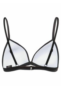 Driehoek bh met zwarte randen, gemaakt van een glad materiaal. Voorzien van verstelbare banden en een haak-en-oogsluiting aan de achterkant.