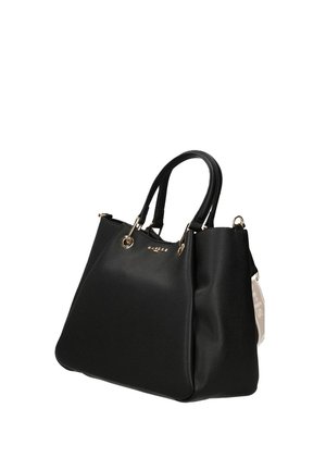 Borsa tote in pelle nera con doppi manici, accessori dorati e piccolo logo marchiato sul davanti.