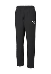 Schwarze Sporthosen mit elastischem Bund, tailliertem Design und einem weißen Logo auf der linken Seite. Hergestellt aus glattem, leichtem Stoff.