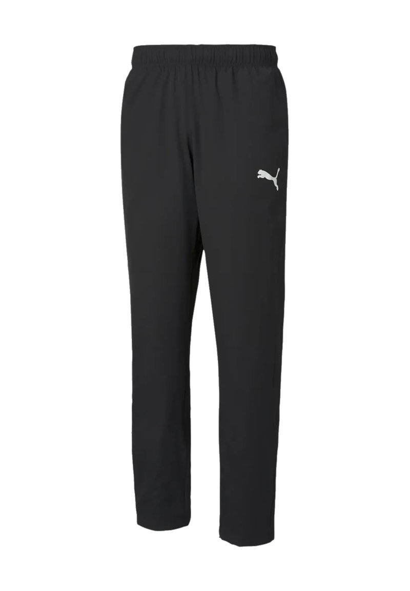 Schwarze Sporthosen mit elastischem Bund, tailliertem Design und einem weißen Logo auf der linken Seite. Hergestellt aus glattem, leichtem Stoff.