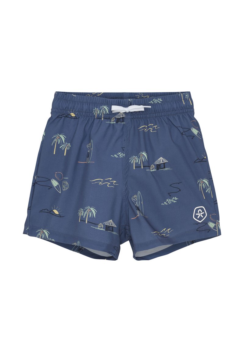 Blå badshorts med elastisk midjeband, med ett mönster av palmer, surfbrädor och solmotiv i ljusa färger.