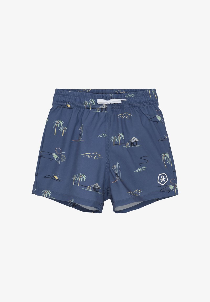 Blå badshorts med elastisk midjeband, med ett mönster av palmer, surfbrädor och solmotiv i ljusa färger.
