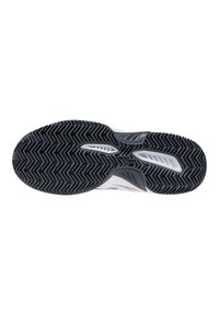 Suela de goma negra con diseño de banda de rodadura en zigzag, con parte superior blanca con acentos grises y aberturas de ventilación. Construcción de material durable.