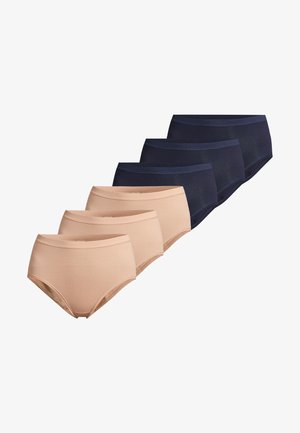 Fünf Paar Damen-Hipster-Slips in Nude- und Marineblau-Farben, gefertigt aus glattem Stoff mit komfortablen Bund- und nahtlosen Kanten.