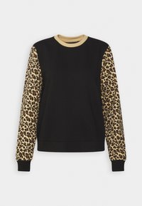 Pull noir à col rond avec manches imprimé léopard et col beige, poignets et ourlet côtelés.