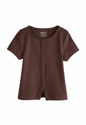 Short-sleeve, ribbed dark brown button-up top with a scoop neckline and small front slit at the hem.