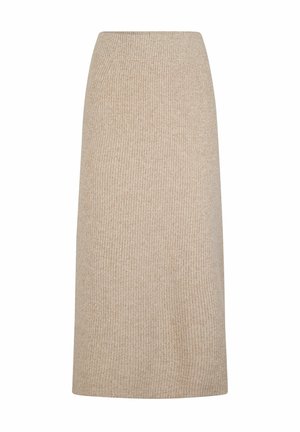 Gonna midi beige a costine in maglia con silhouette dritta e vita alta, progettata per un uso casual e confortevole.