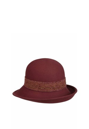 Burgundy felt cloche hat with a textured matching band and a slightly curved brim.