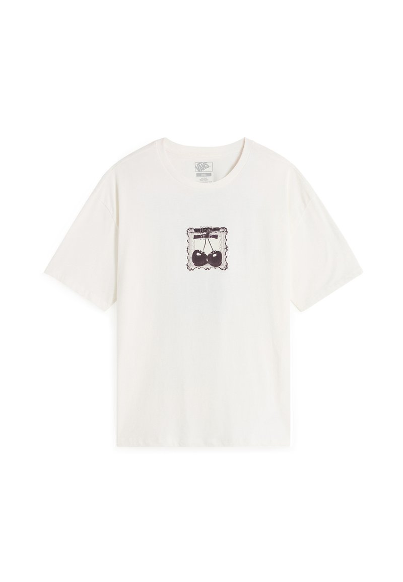 T-shirt bianco in cotone con una grafica nera centrale di bilance all'interno di un bordo decorativo. Maniche corte e scollo rotondo.