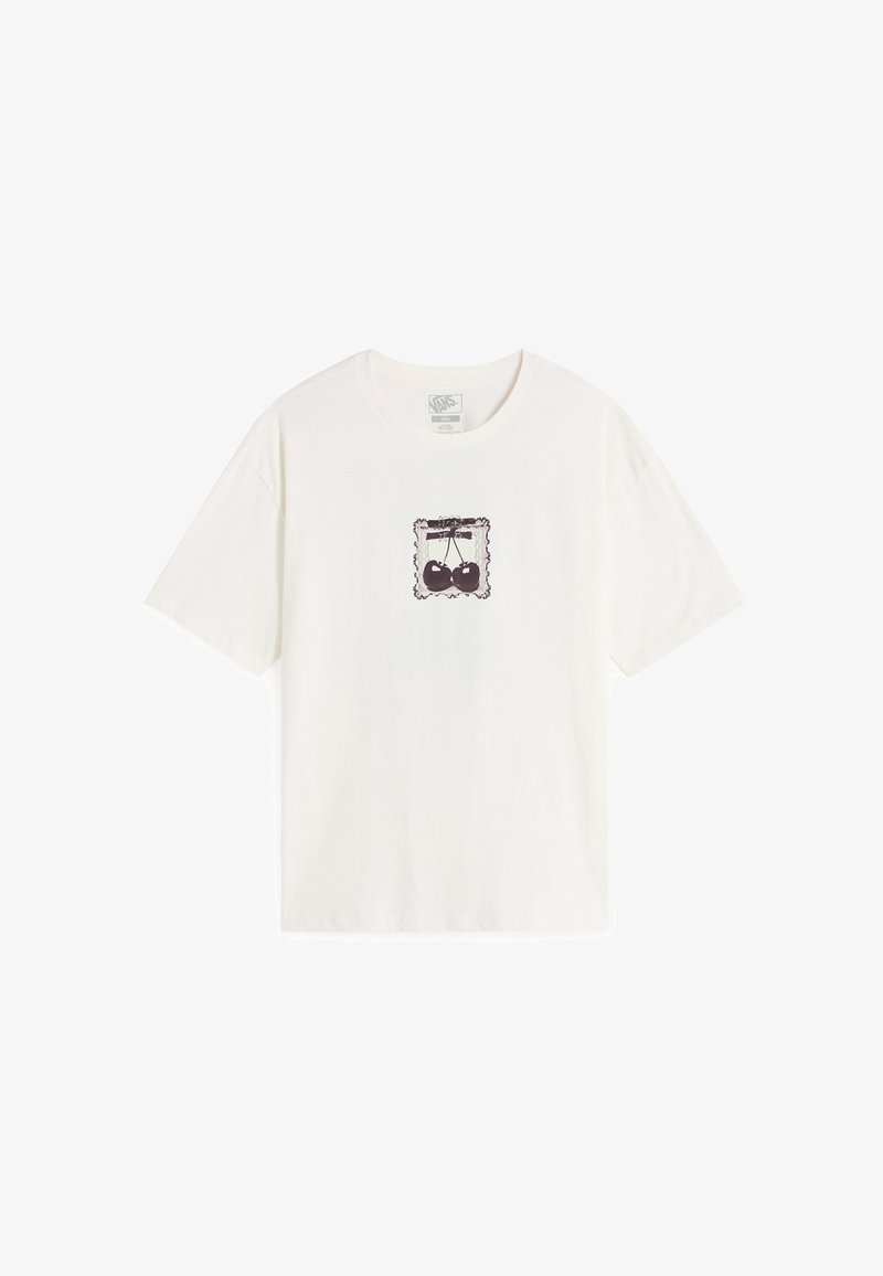 T-shirt bianco in cotone con una grafica nera centrale di bilance all'interno di un bordo decorativo. Maniche corte e scollo rotondo.