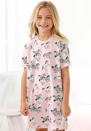 Pink cotton nightdress featuring a repeated print of galloping horses in gray and white. Short sleeves and crew neckline.