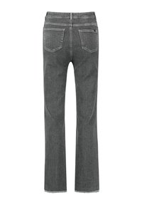 Vaqueros de mezclilla gris con un corte recto, cintura de altura media, cinco bolsillos y detalle deshilachado en el dobladillo.