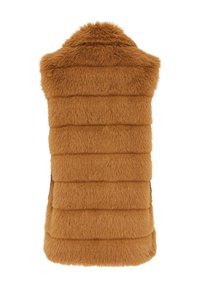 Chaleco de piel sintética marrón con cuello alto y diseño de paneles cosidos en horizontal, que presenta una textura suave y una silueta elegante y sin costuras.