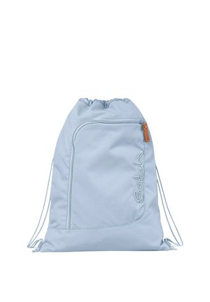 Light blue drawstring backpack with front zip pocket and "Satch" logo embroidered vertically on the right side.