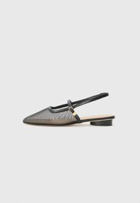 Black mesh slingback shoe with pointed toe, small block heel, and adjustable strap featuring a gold buckle accent. Smooth texture.