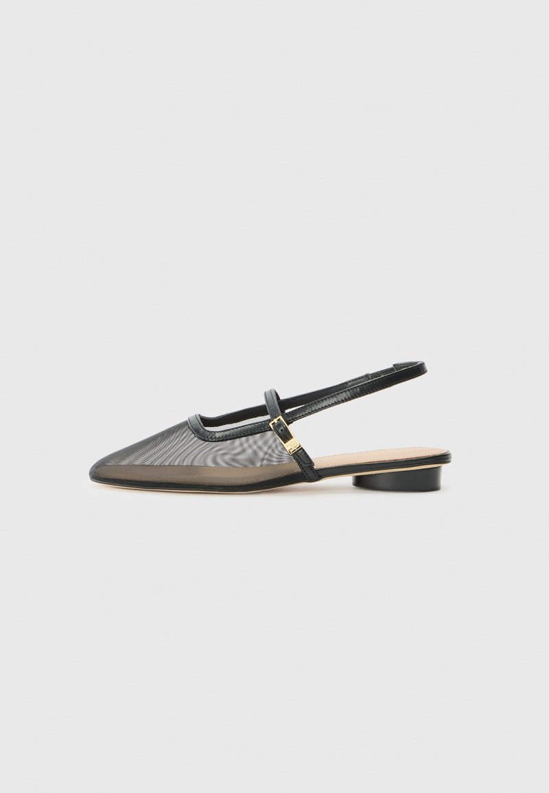 Black mesh slingback shoe with pointed toe, small block heel, and adjustable strap featuring a gold buckle accent. Smooth texture.