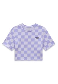 Lilla og hvid ternet cropped top trøje med rund halsudskæring og korte ærmer. Har et Vans-logo i sort på forsiden.