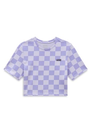Purple and white checkered crop top shirt with a round neckline and short sleeves. Features a Vans logo in black on the front.
