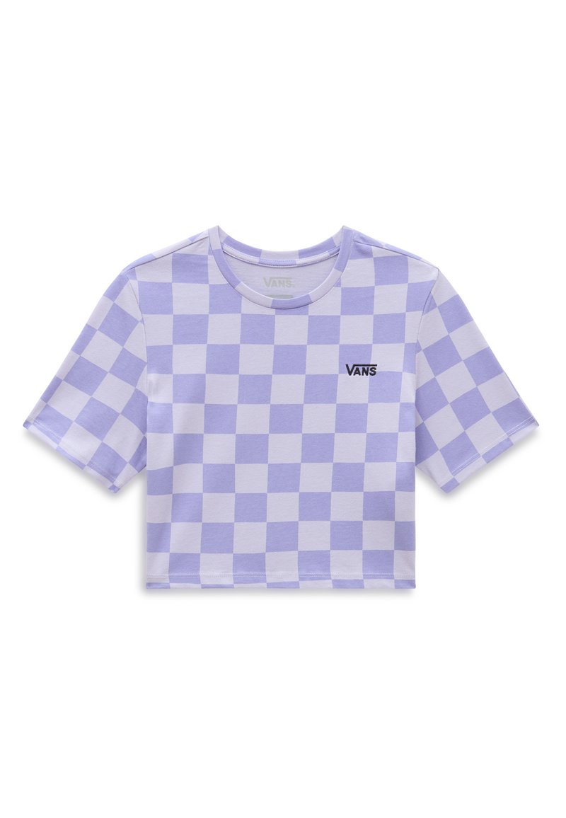 Lilla og hvid ternet cropped top trøje med rund halsudskæring og korte ærmer. Har et Vans-logo i sort på forsiden.